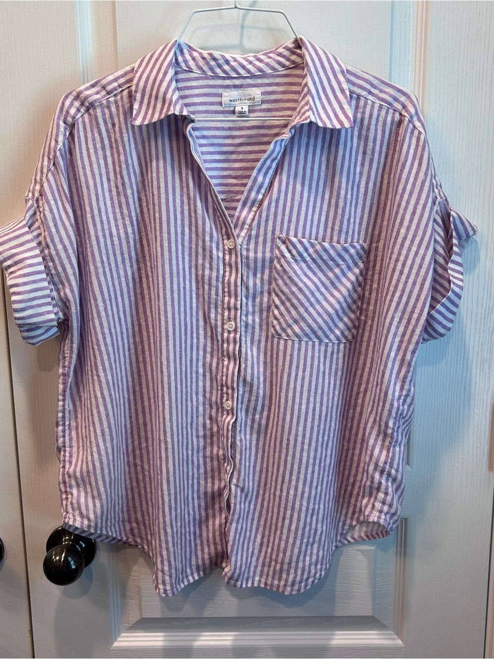 Westbound Women’s Lavender & White Striped Linen Blend Button Up Top Size SM